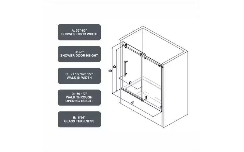 PexFix 63 in.x 60 in. Frameless Single Sliding Shower Door 8mm Tempered Glass With Adjustable Soft Closing Design for Spa Bathroom Brushed Gold