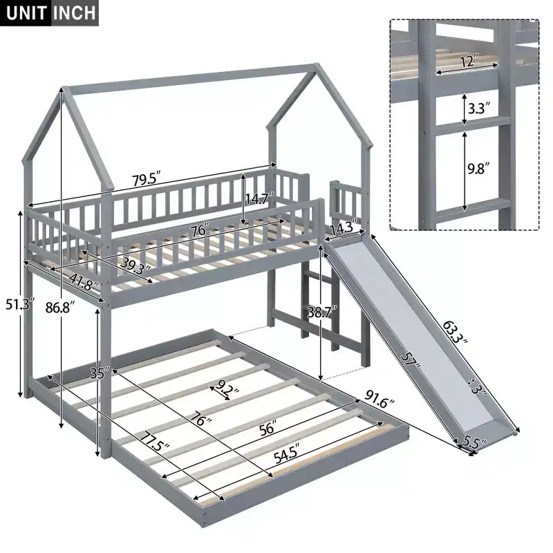 Twin over Full Bunk House Bed with Built-in Ladder and Slide, Wooden Bunk Bed Frame with Full-Length Guardrail for Girls Boys Bedroom