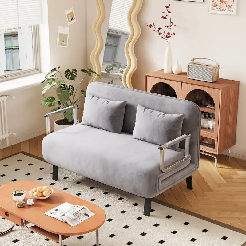 39.4-Inch Velvet Convertible Sofa Bed with Fold-Down Backrest Light Grey