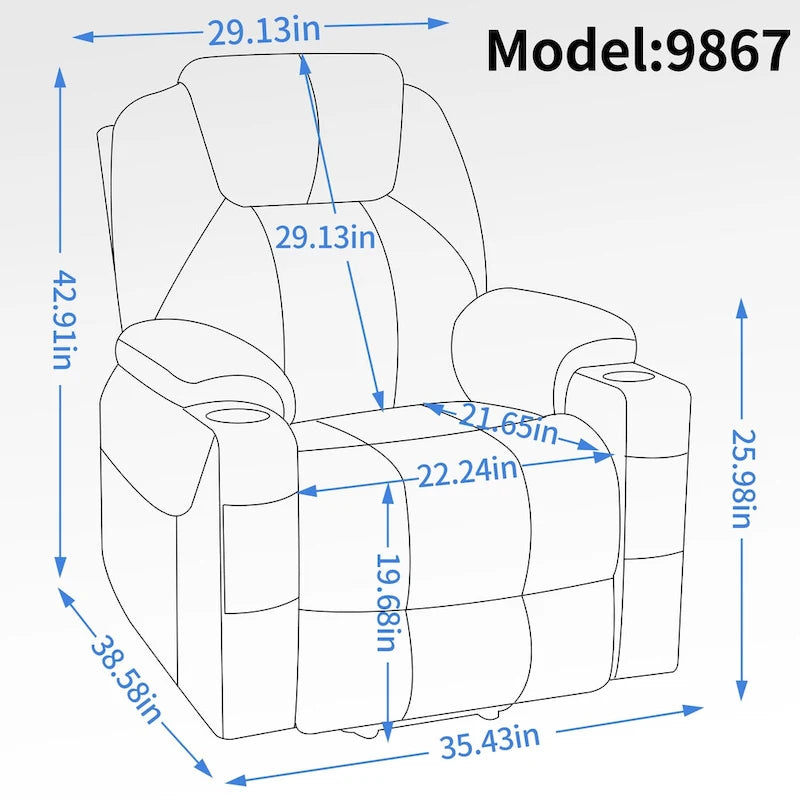 Power Lift Recliner | 8-Point Massage | Lumbar Heat | Dual USB | Steel Cup Holders | Blue