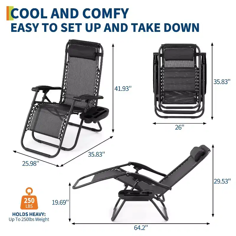 Patio Reclining Lounge Chair Set of 2, Adjustable Outdoor Folding Chairs with Cup Holder & Removable Headrest, Portable Lounge Chair for Beach