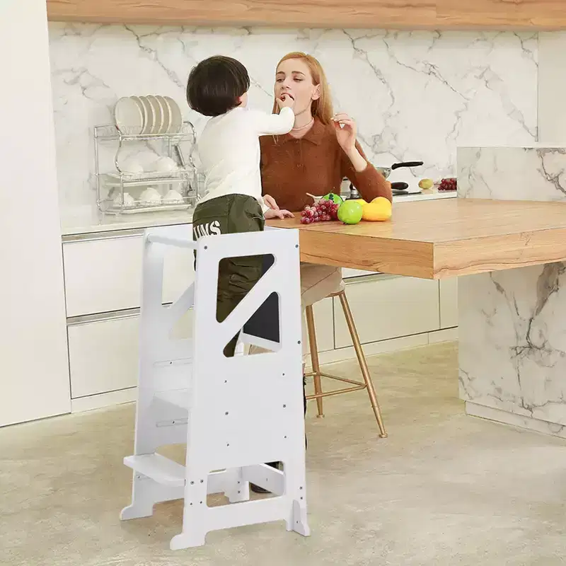 Wooden Toddler Step Stool,White Toddler Tower with Chalkboard & Whiteboard