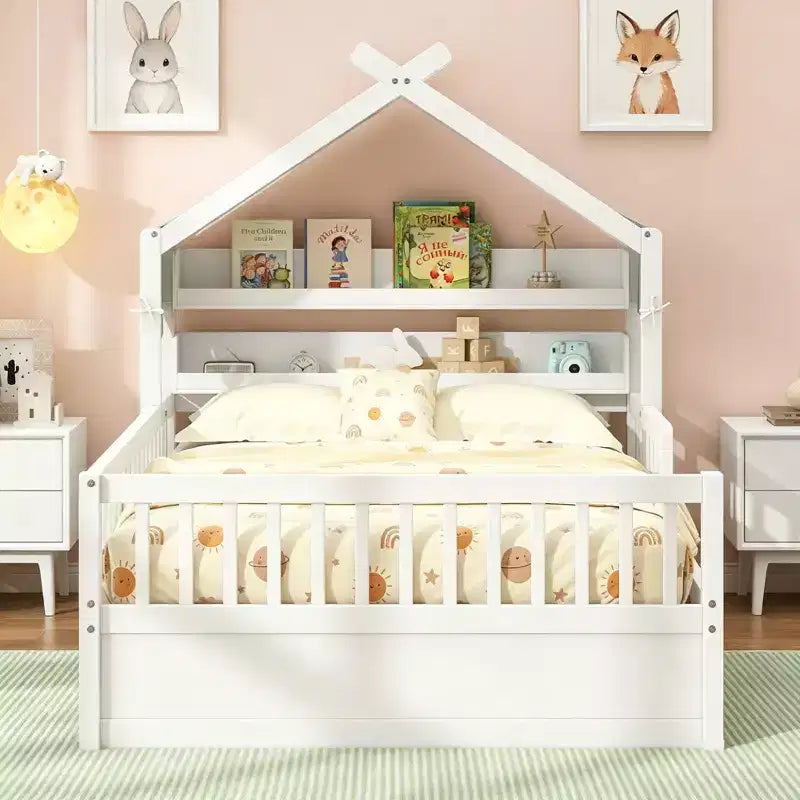 Luxystar Full Size Wood House Bed Frame with Storage Headboard Shelf and Canopy for Kid's Room