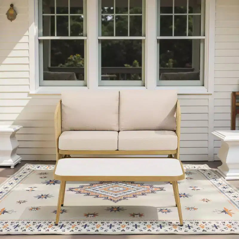 GDFStudio Lucas Outdoor Wicker Glider Loveseat Chat Set with Coffee Table and Cushions