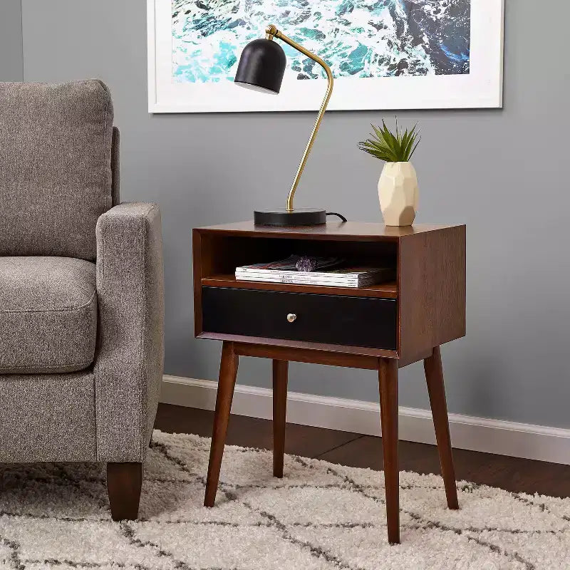 Calvin Side Table Brown - Adore Decor: Modern Mid-Century Design, Storage Drawer, Silver Pulls