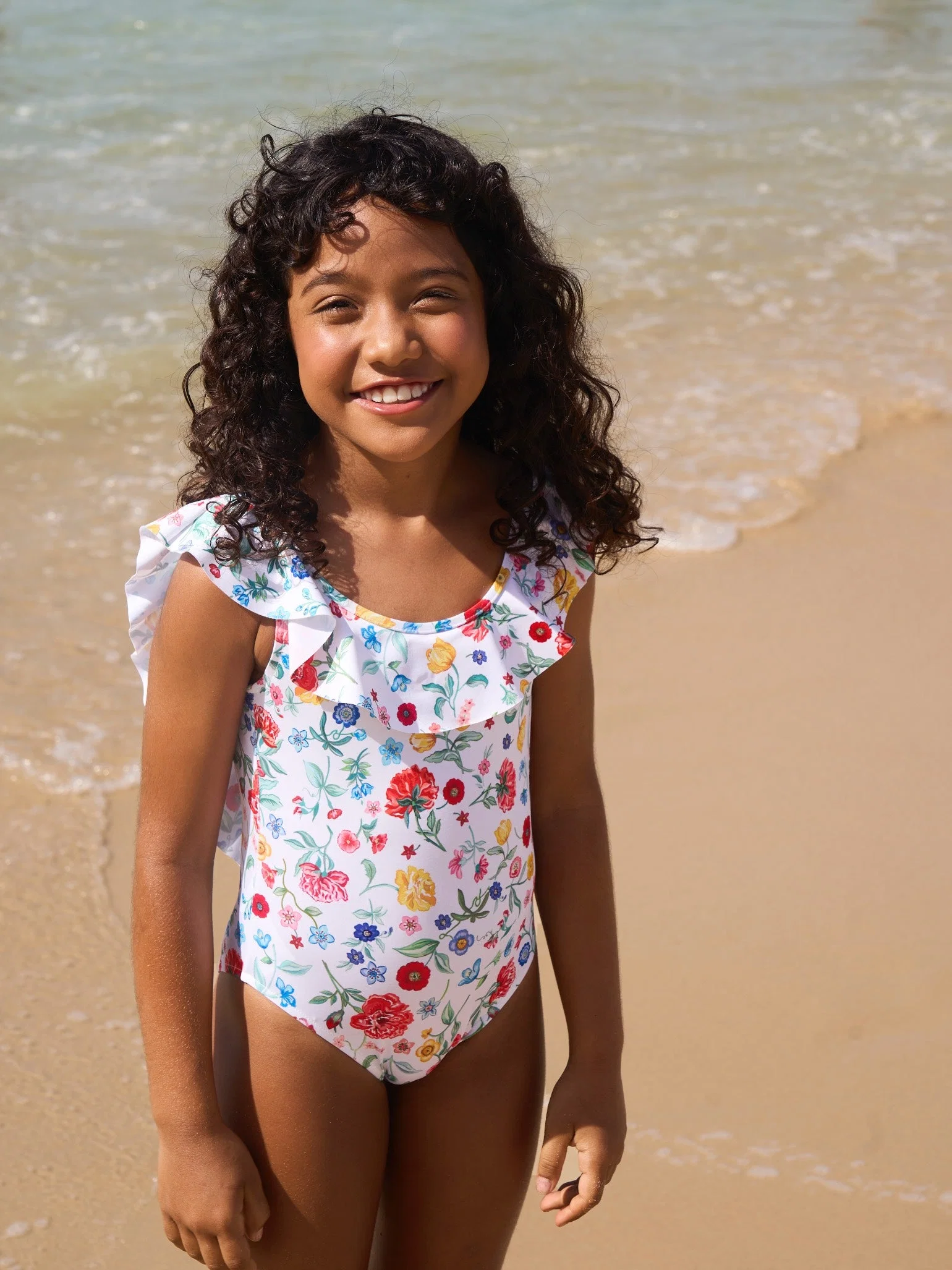 Printed Polyester Swimsuit with Frill Trim & Botanical Print Girls