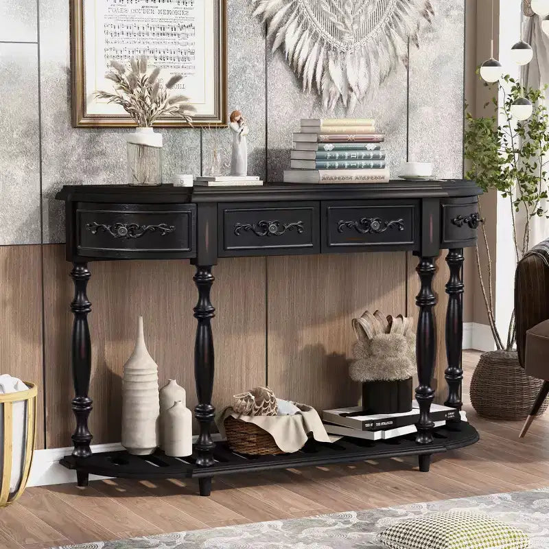Okak 52IN Vintage Curved Console Table with Exquisite Carvings, Entryway Table with 4 Drawers and 1 Shelf, Accent Table for Living Room, Black