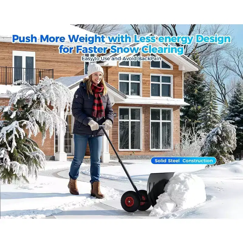 Effortless Snow Removal: 29-Inch Wheeled Snow Plow with Angled Blade for Quick Driveway Clearing Black