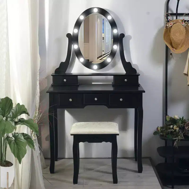 GustoWave Vanity Desk, Vanity Mirror with Lights and Table Set with 5 Drawers, Wood Makeup Dressing Table with Oval Mirror & Stool for Bedroom
