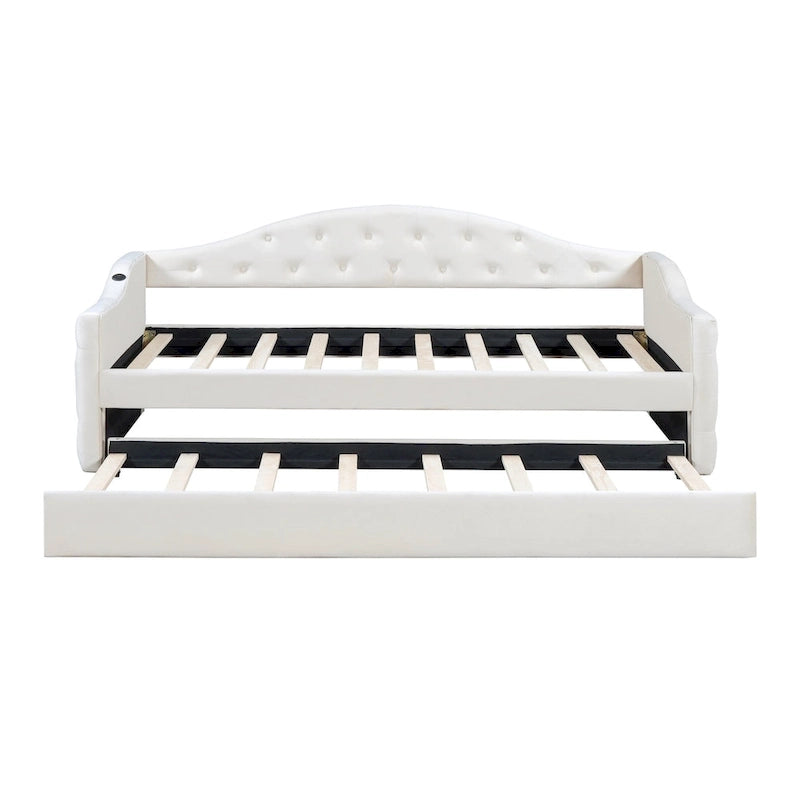 Twin Size Tufted Upholstered Daybed with Trundle �C Velvet Sofa Bed with USB & Type-C Charging Ports, No Box Spring Needed