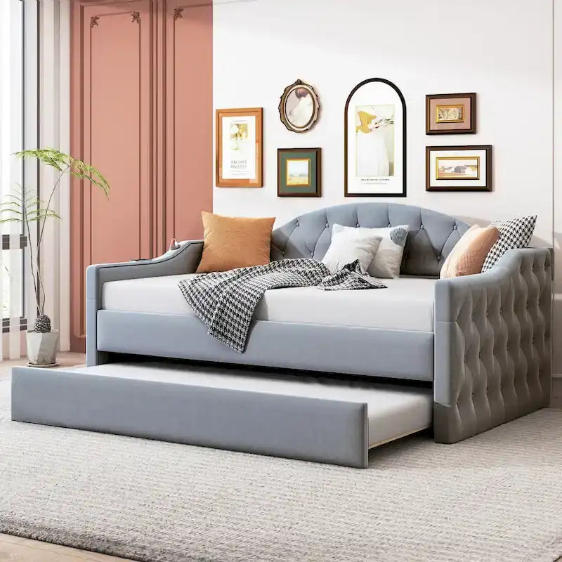 Twin Size Tufted Upholstered Daybed with Trundle �C Velvet Sofa Bed with USB & Type-C Charging Ports, No Box Spring Needed