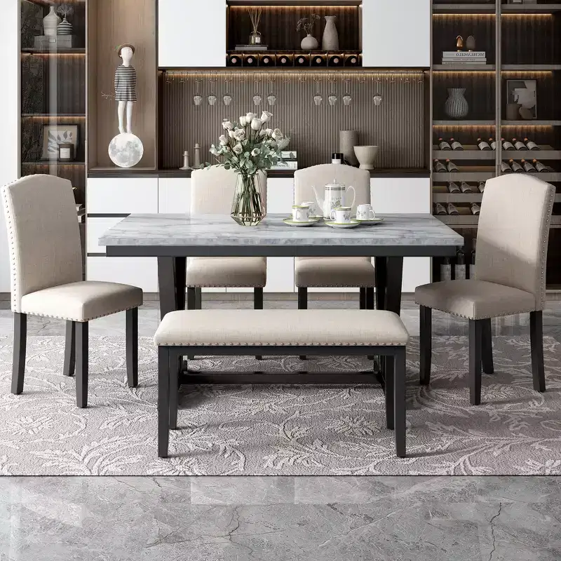 6 PSC Wood Dining Table Set, Rectangular Table with V-shaped Legs, 4 Upholstered Chairs and Bench, White-ModernLuxe