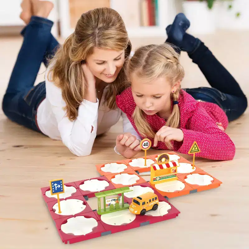 EverPlay 60PCS Race Car Track Building Blocks Playset with Accessories, STEM Educational Construction Toy, Vehicle Track Set for Kids 3+