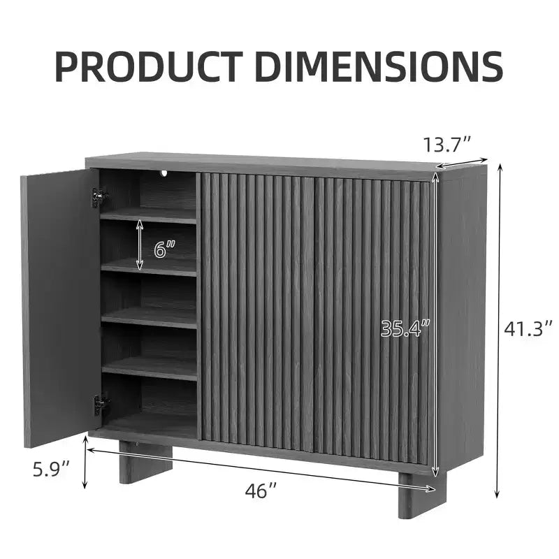 Gray/Oak 5-Tier Fluted Door Shoe Cabinet, 2-Person Freestanding Storage Bench