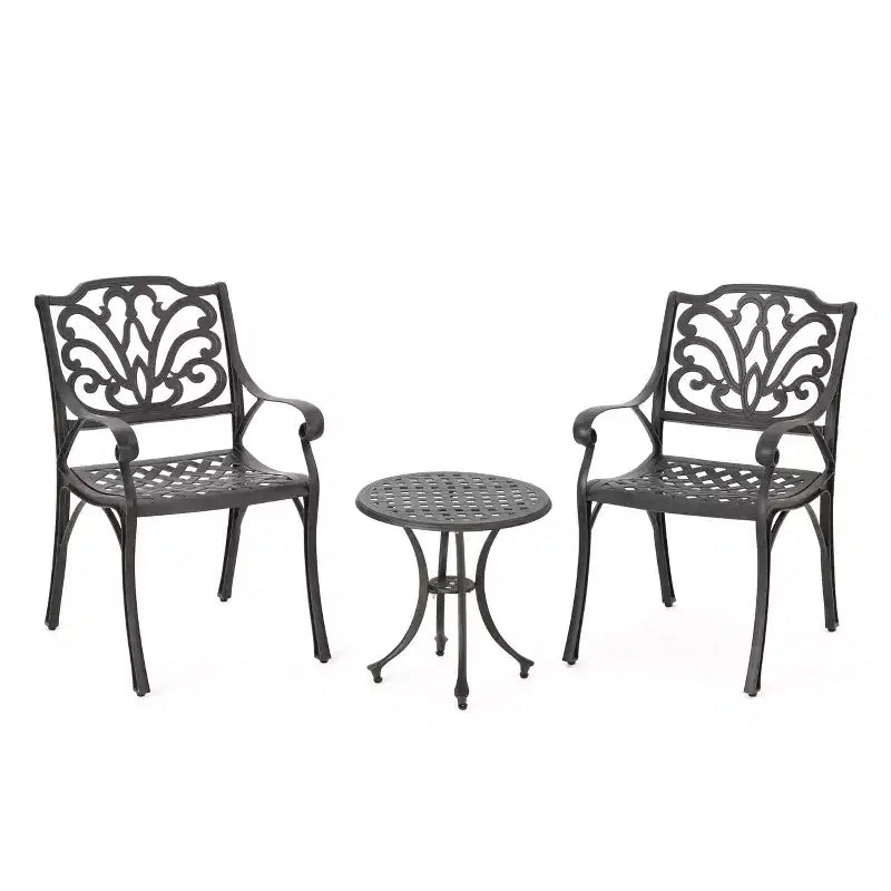 Lola 3pc Cast Aluminum Chat Set - Bronze - Christopher Knight Home: Weather-Resistant, 2 Arm Chairs & Accent Table
