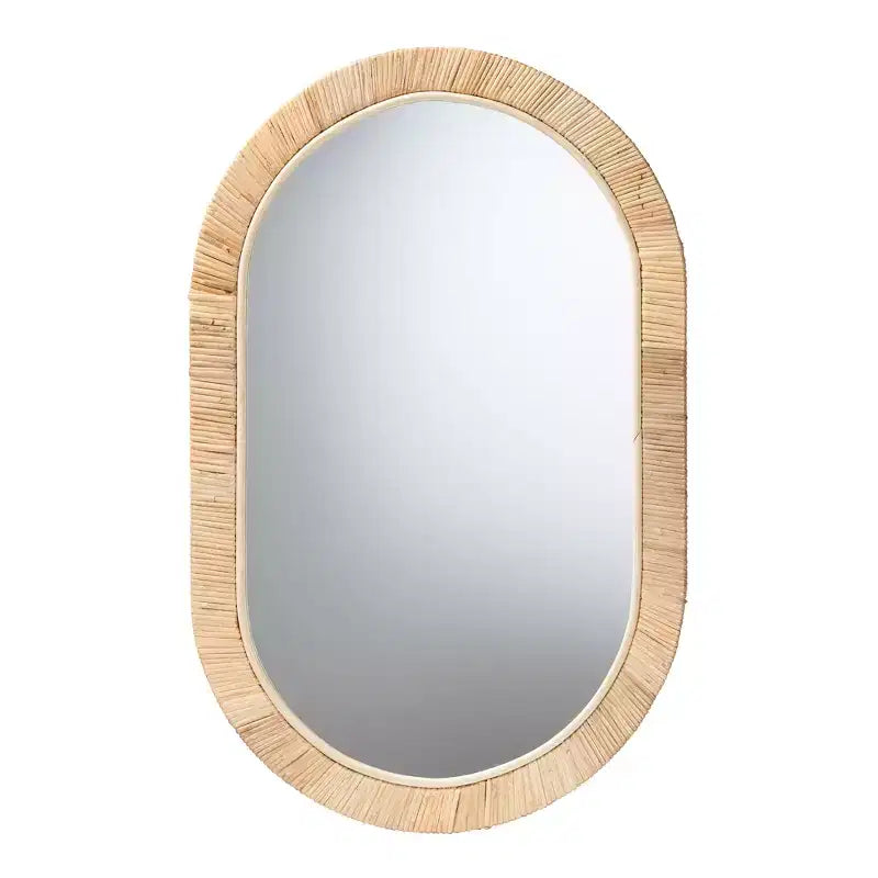 bali & pari Bella Modern Bohemian Natural Brown Mahognay Wood and Natural Rattan Oval Mirror