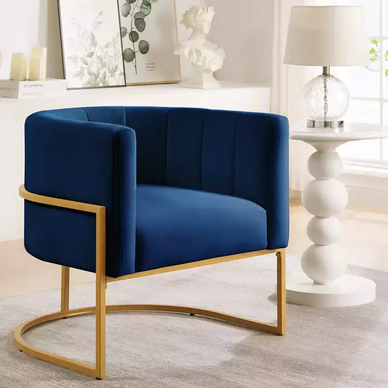 Velvet Accent Chair With Cushion, Golden Metal Stand, Curve Backrest Upholstered Vanity Chair, Home Leisure Chair