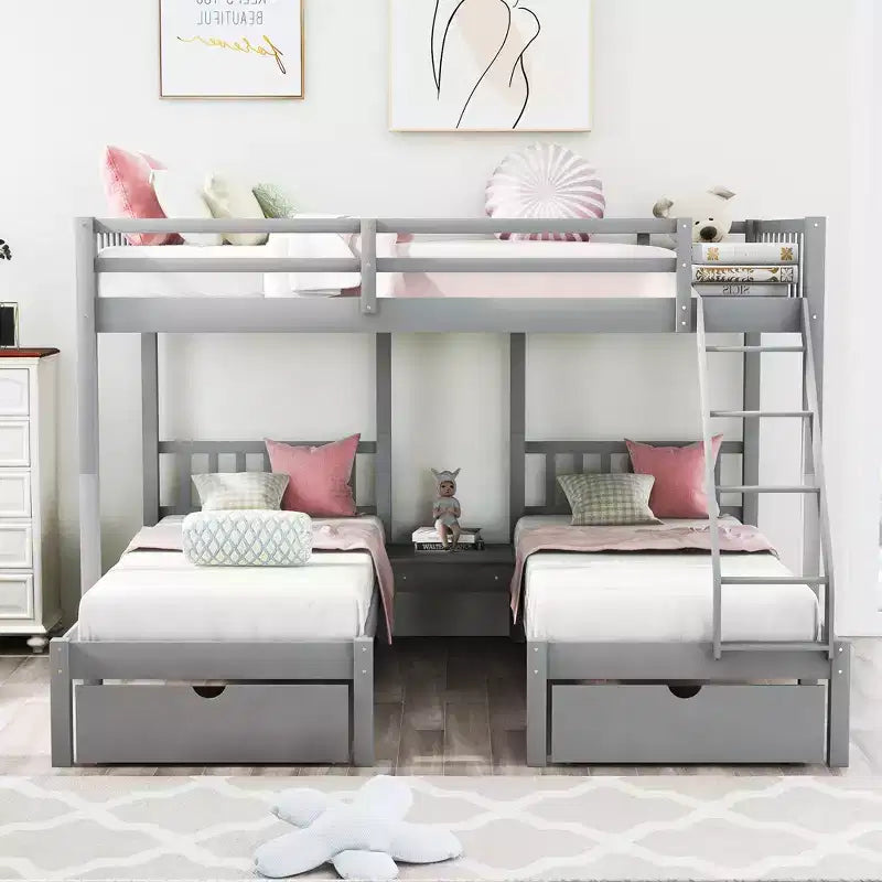 Full Over Twin & Twin Bunk Bed for 3, Wooden Triple Bunk Bed with 2 Storage Drawers, can be Divided into 3 Separate Beds