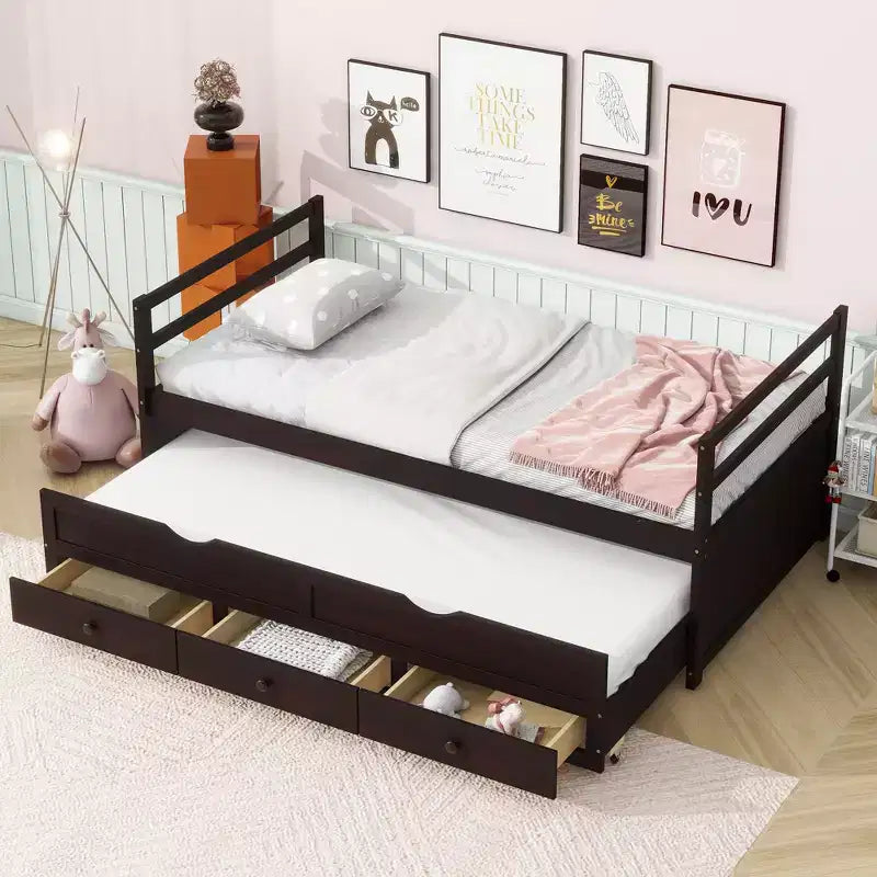 Twin Size Daybed Bed with Trundle and Three Storage Drawers, Wood Platform Bed with Headboard and Footboard for Kids
