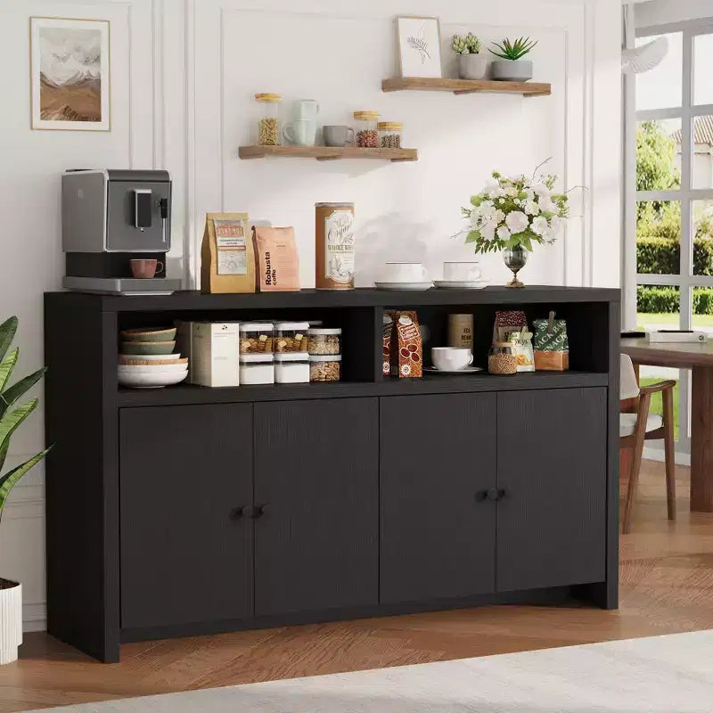 55 Sideboard Buffet Cabinet, Wood Coffee Bar Cabinet with Gold Adjustable Shelves, Media Console Table, Credenza Buffet Table for Living Room, Black