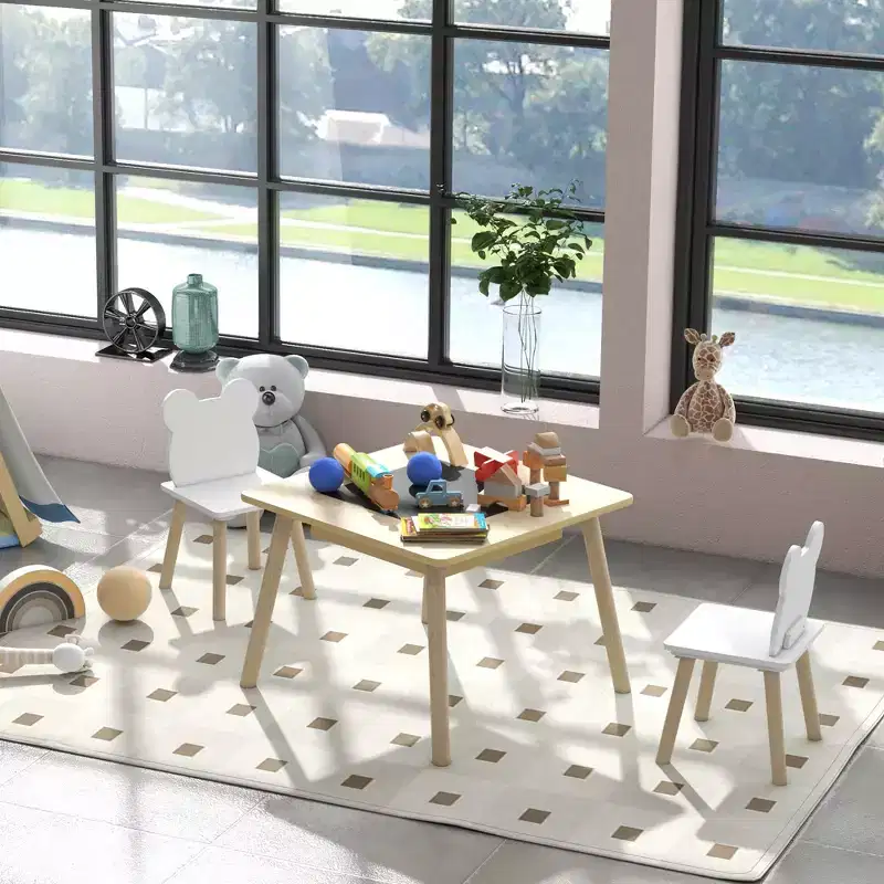 Qaba 3 Piece Kids Table and Chair Set, 3 in 1 Toddler Table and Chair Set with Convertible Desk & Storage for Nursery, Classroom, Playroom