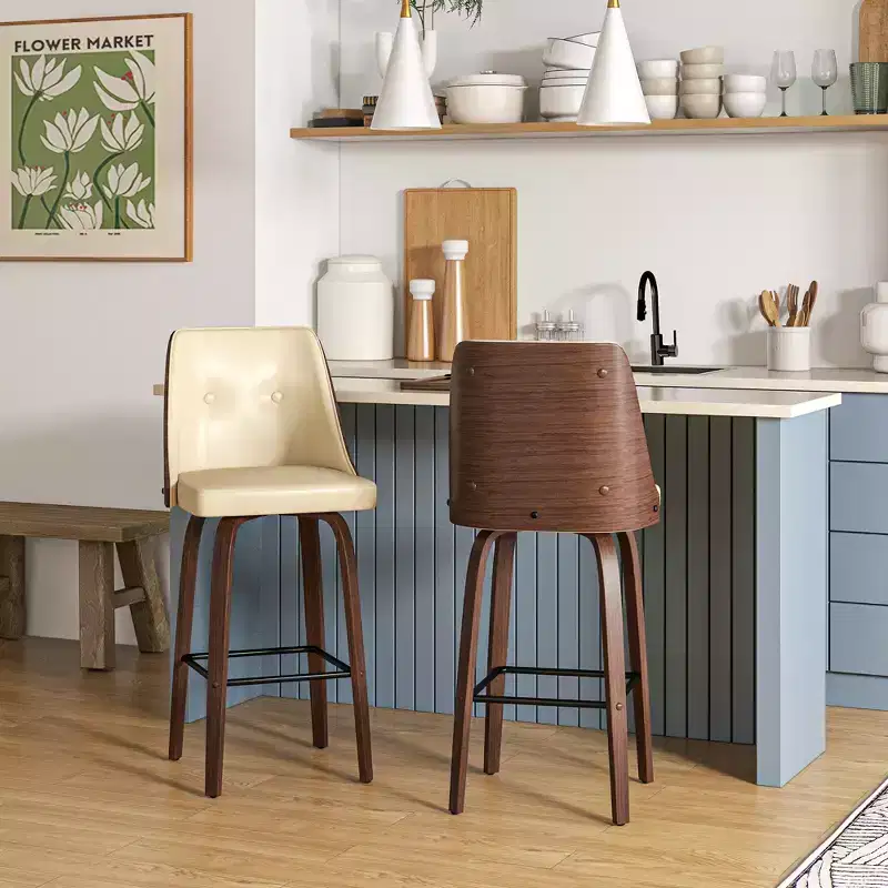 HOMCOM Bar Height Bar Stools Set of 2 PU Leather Swivel Barstools with Footrest and Tufted Back