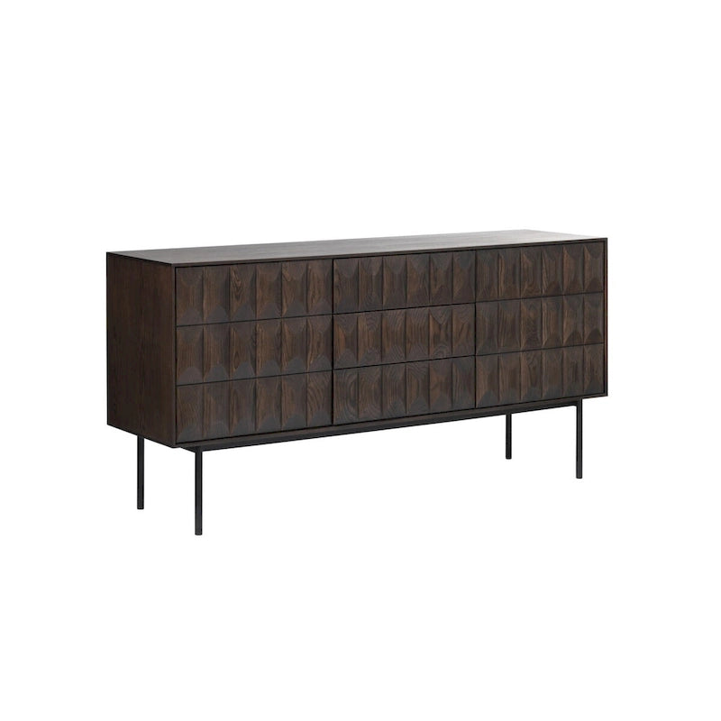 Modern Espresso Oak Sideboard with Geometric Doors and Matte Black Metal Base
