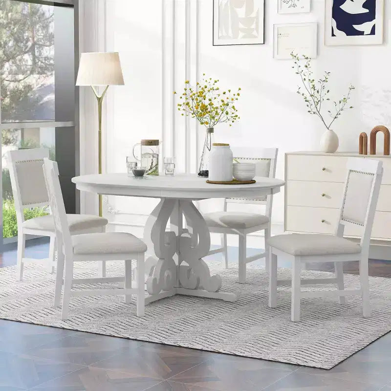 Farmhouse Kitchen Table Set for 4, Wooden Extendable Round Dining Table Set and 4 Upholstered Chairs, Retro Dining Set for Kitchen