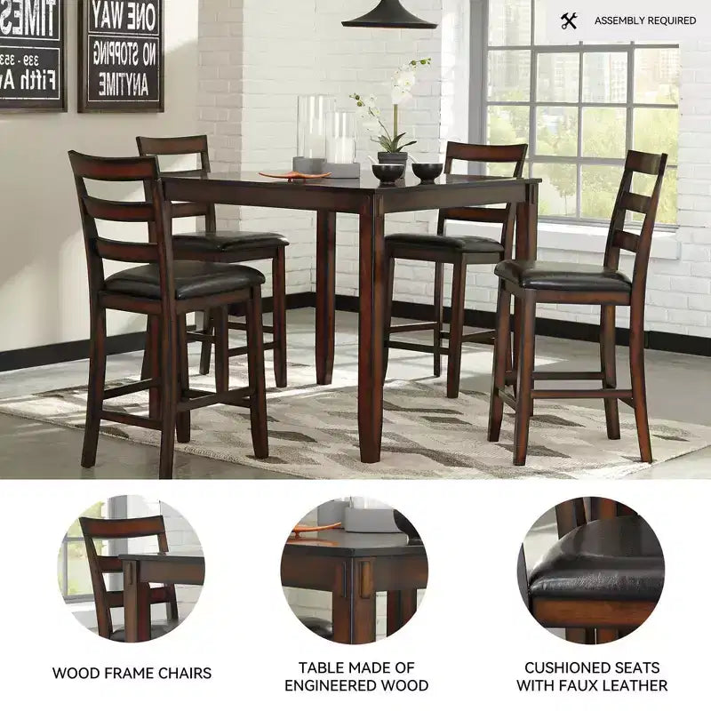 Coviar Counter Height Dining Table Set Brown - 5-Piece, Faux Leather Chairs, Wood Frame