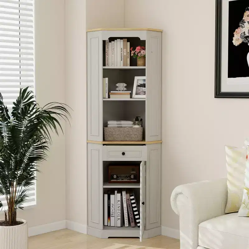 AndMakers Antique White Wood 17.71 in. Pantry Cabinet with 5 Shelves