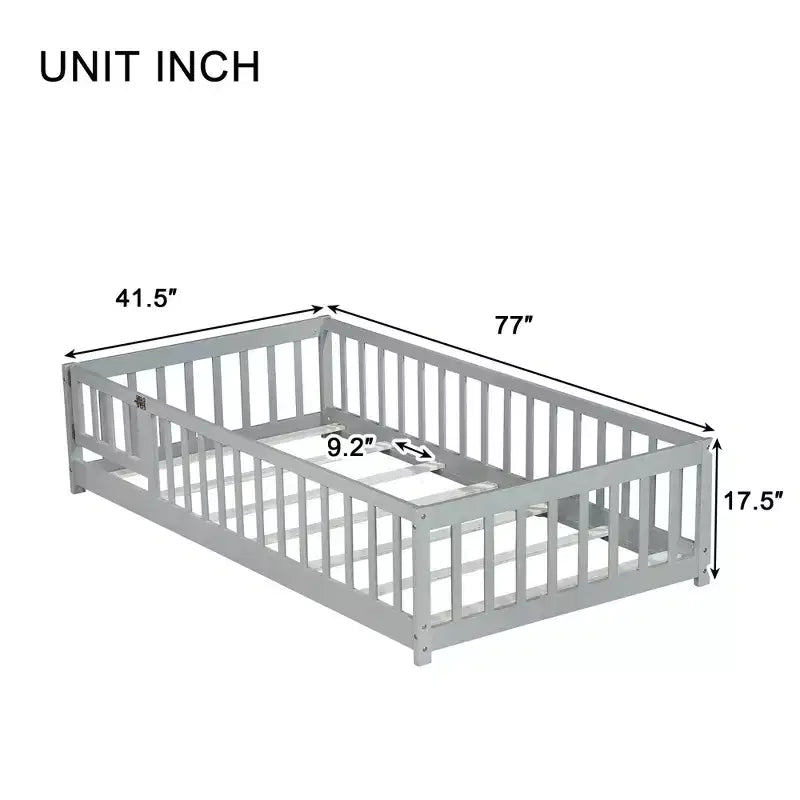 Twin Floor Bed with Fence and Door, Solid Wood Kids Bed Frame for Toddlers