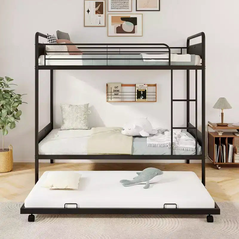 Costway Twin Over Twin Bunk Bed w/ Trundle Industrial Metal Bunkbed Frame