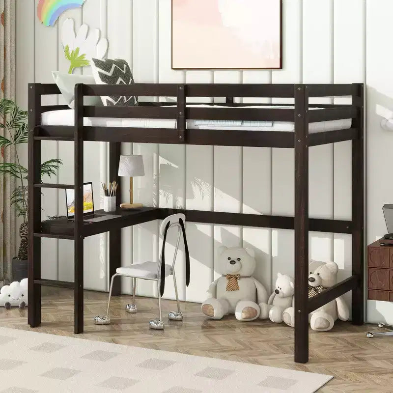 Twin Loft Bed with Built-in Desk, Safety Guardrails & Ladder �C Brown