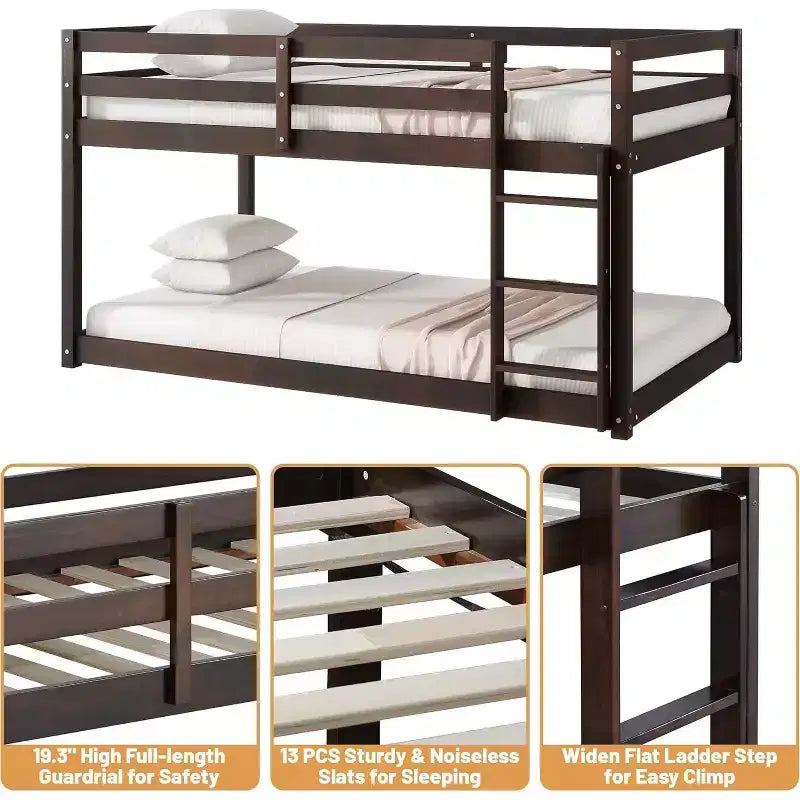 Zevemomo Wooden Bunk Bed Twin Over Twin, Solid Rubberwood Bed Frame with Built-in Ladder, for Small Spaces,Bedroom,Space Saving, No Box Spring Needed