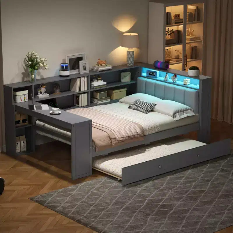 GDFStudio Brewer Wood Platform Bed with Storage Shelves, Trundle, Charging Station and LED