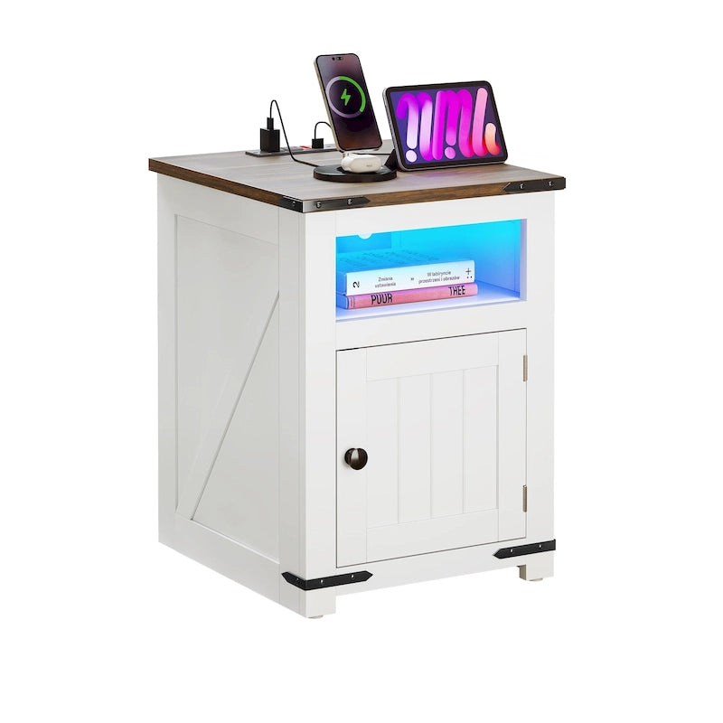 Farmhouse End Table with Charging Station, USB Ports and LED Lights