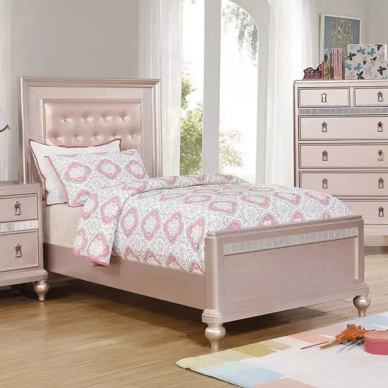 Twin Coleman Upholstered Bed Rose Gold - HOMES: Inside + Out: Crystal Button, Mirrored Footboard, Vintage Look