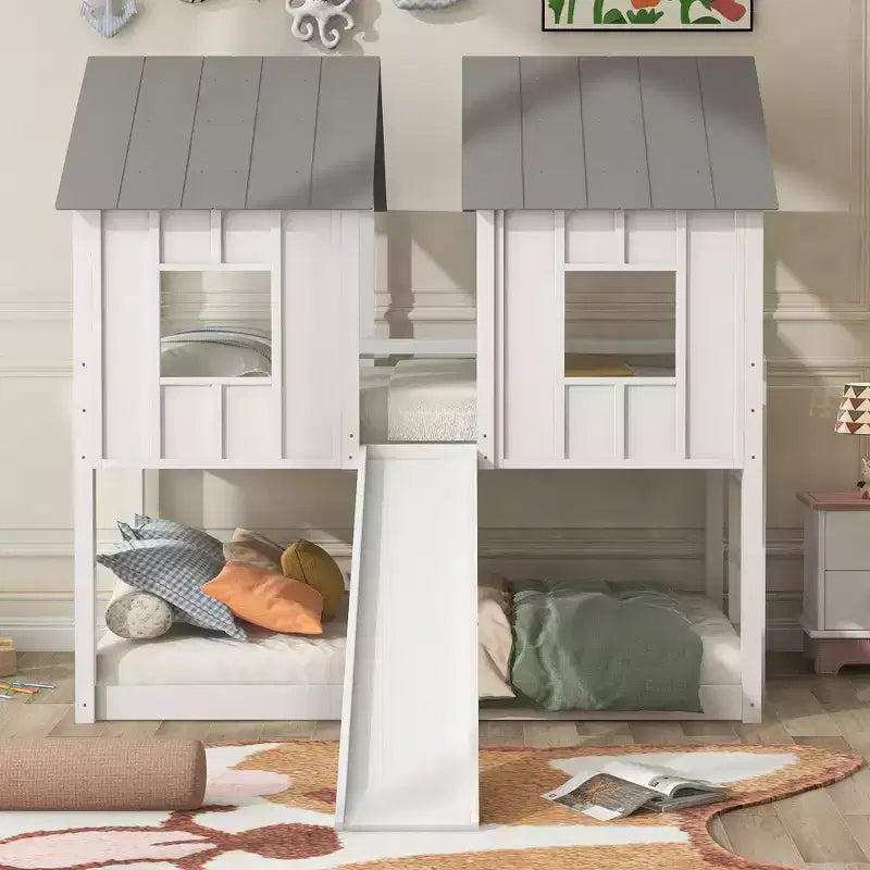 Whisen Twin over Twin House Bunk Bed with Slide and Windows - White