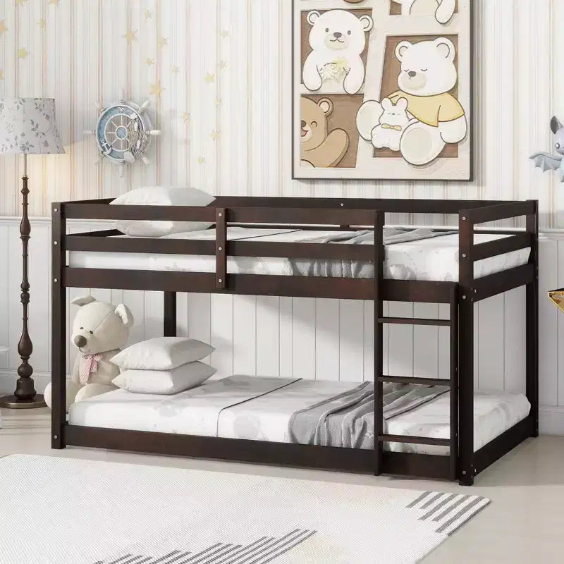 Bellemave Twin over Twin Low-Height Floor Bunk Bed for Kids, Solid Wood Frame with Wide Ladder, Sturdy Slats, Space-Saving Design, Multiple Colors
