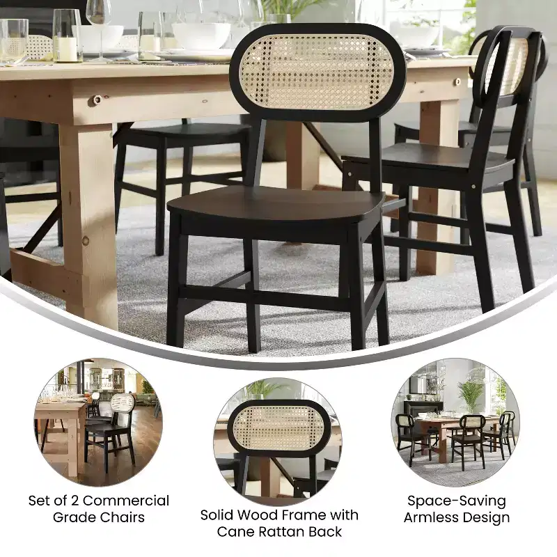 Flash Furniture Jacob Set of 2 Commercial Cane Rattan Dining and Event Chairs with Solid Wood Frame and Seat