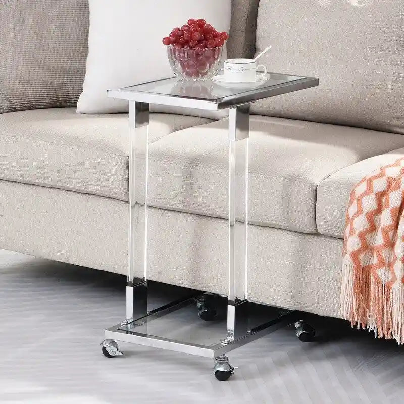 Modern Contemporary C-Shaped Side Table Snack Table with Tempered Glass, Steel and Acrylic Frame, Lockable Casters