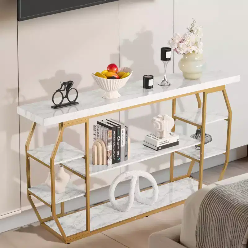 VEVOR Marble Console Table, 3 Tiers Modern Console Table for Open Storage, Golden Geometric Table with Iron Tubes, Anti-Tip Device, Gold