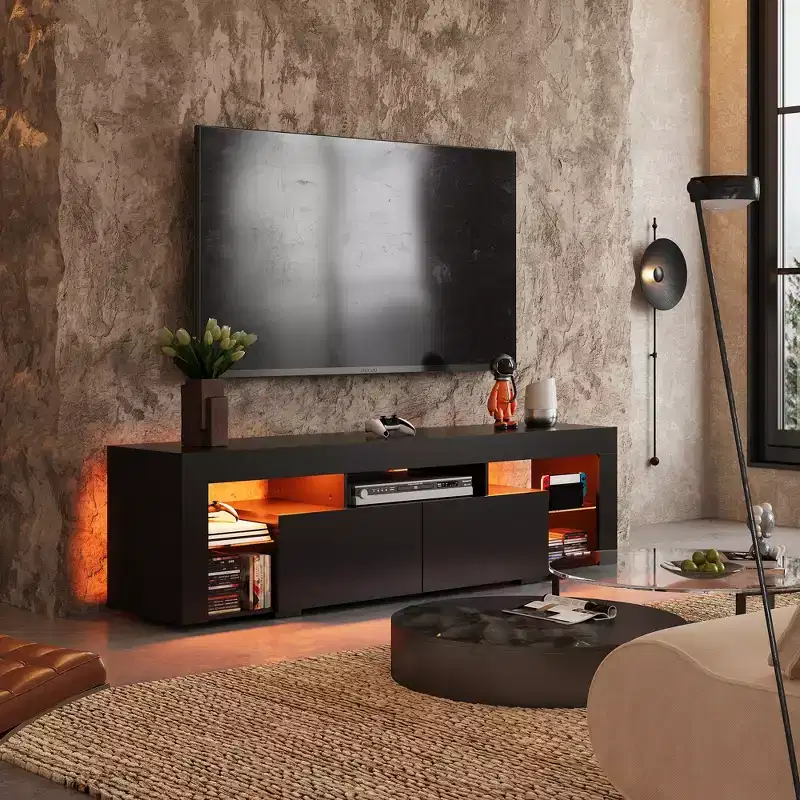 TV Stand for 55-70 Inch TVs, Modern Entertainment Center with LED Lights, 2 Drawers & Open Shelves, Black
