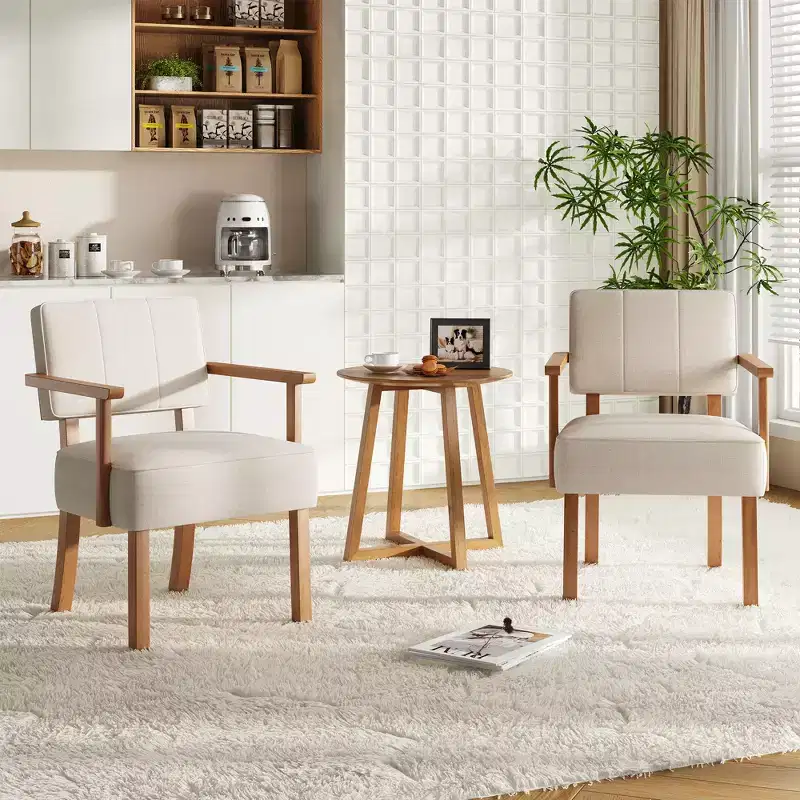 Linen Fabric Accent Chair, Mid-Century Modern Armchair with Vertical Stripes, Wood Frame Reading Chair for Living Room