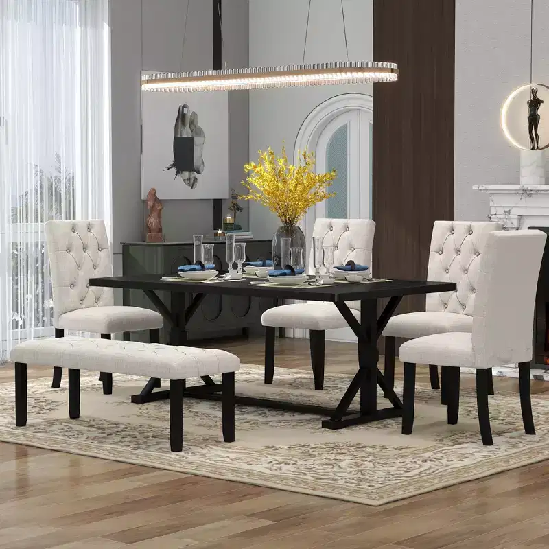 GDFStudio Oliver Vintage Extendable Dining Table Set for 4-6 with 42-58 Farmhouse Table and Upholstered Chairs