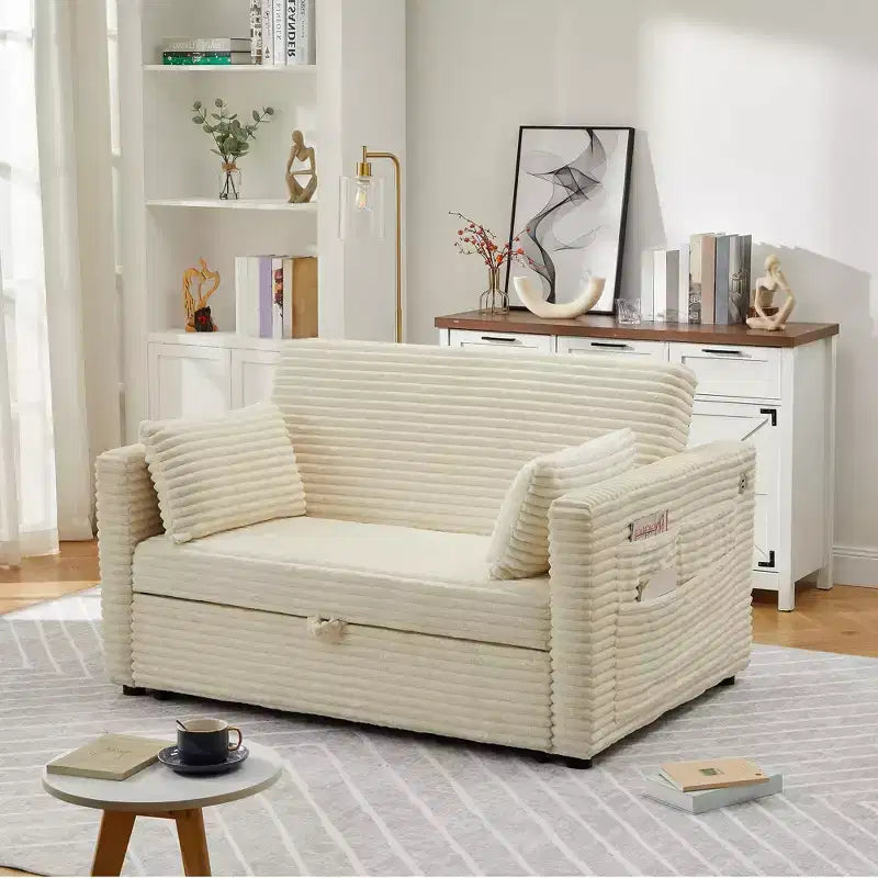 Pull Out Loveseat Sleeper Sofa with 4-Position Backrest - Corduroy Sofa Bed with USB/Type-C & Side Pockets