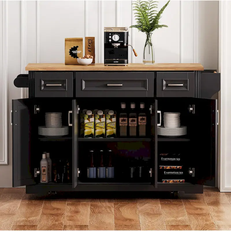 54  Large Kitchen Island with Rubber Wood Drop Leaf, Embossed Texture Rolling Kitchen Cart on 4 Wheels with 4 Doors & 3 Drawers
