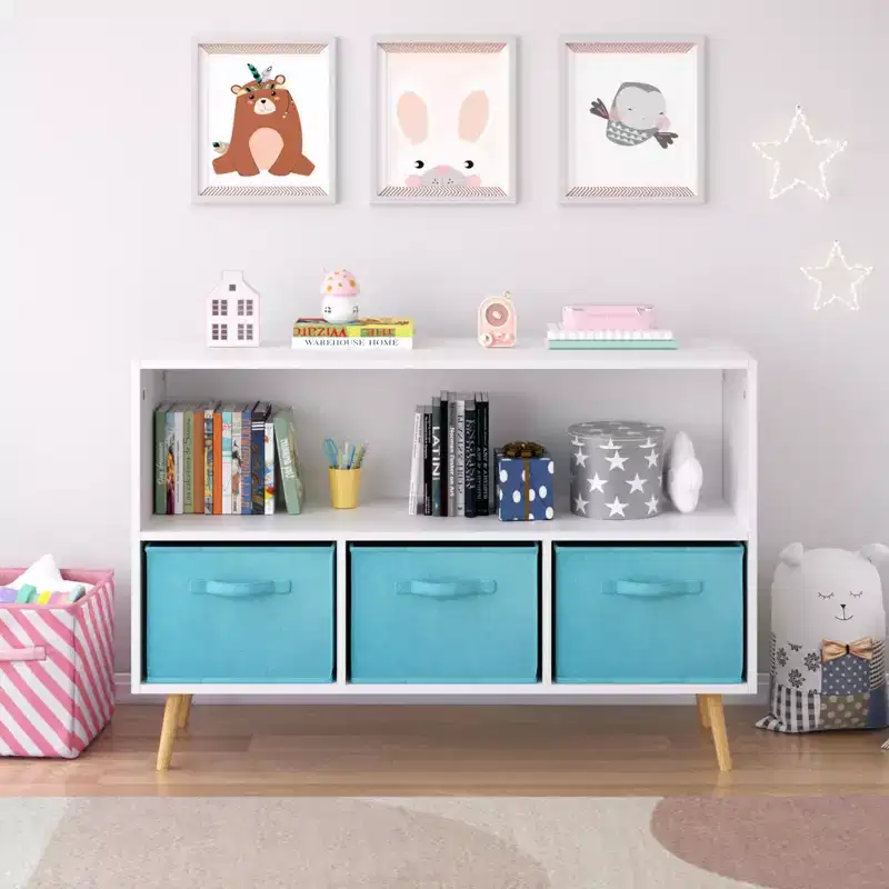 MAYEERTY Kid Bookshelf with Collapsible Fabric Drawers Toy Storage Cabinet Orangizer White and Pink