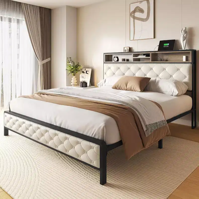GDFStudio Roger Modern Platform Bed Frame with Upholstered Storage Headboard and Footboard