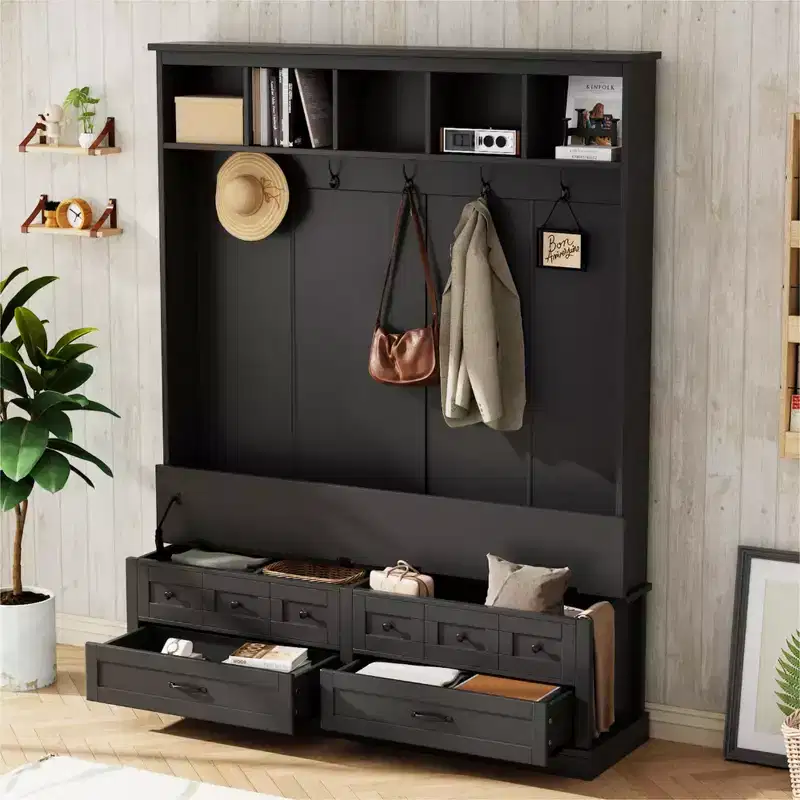 Elegant Hall Tree with 5 Hooks, Wide Coat Rack with Lift-Top Storage Bench and 2 Drawers, Coat Tree for Living Room, Hallway, Black
